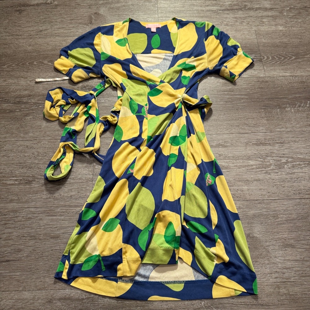 Lilly Pulitzer Wrap Dress Women 0 Blue Yellow Silk Lemon Drop Summer Vacation